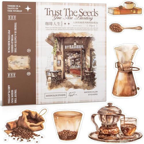 Coffee Theme Washi-Sticker Set für Scrapbooking & Bullet Journal - 50 Bögen Vintage Kaffee-Motive, Vorgeschnittenes Ephemera-Stickerbuch (TZ-005-008) von Uideyvi