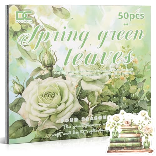 Grünes Blatt-Motiv Sticker-Set für Scrapbooking & Journaling - 50 Bögen (25 PET-Aufkleber + 25 Musterpapiere) - Vintage Stickerbuch (TZ-006-008) von Uideyvi