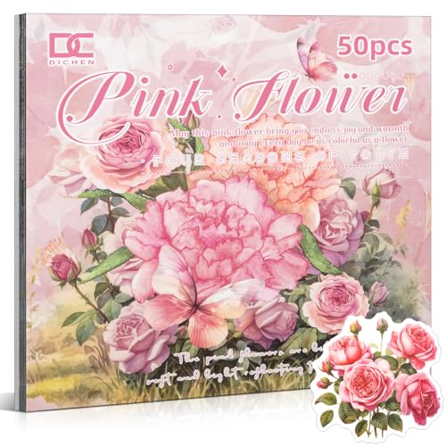 Pink Flower Theme Sticker-Set für Scrapbooking & Journaling - 50 Bögen (25 PET-Aufkleber + 25 Musterpapiere) - Vintage Stickerbuch (TZ-006-005) von Uideyvi
