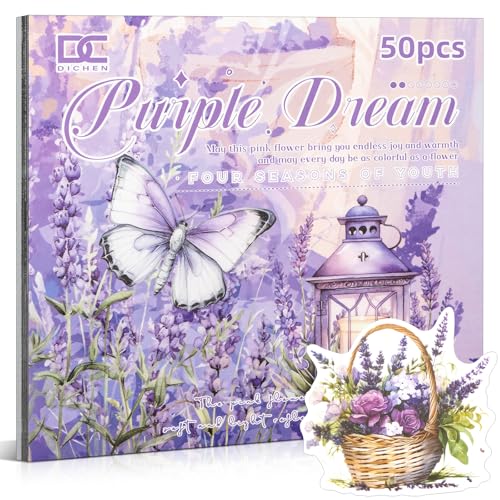 Purpur-Motiv Sticker-Set für Scrapbooking & Journaling - 50 Bögen (25 PET-Aufkleber + 25 Musterpapiere) - Vintage Stickerbuch (TZ-006-006) von Uideyvi
