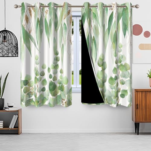 Uiiooazy Gardinen Eukalyptus, Vorhang Grün Blätter Pflanzen Textil Vorhänge Blickdicht Polyester Gardine Verdunklungsvorhänge mit Ösen für Wohnzimmer Schlazimmer Fenster Balkon 2er Set, 140x175cm von Uiiooazy