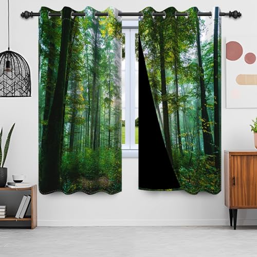 Uiiooazy Gardinen Wald, Vorhänge Grün Blätter Pflanzen Baum Motiv Thermovorhang Polyester Schattierungsvorhänge Verdunkelungsvorhänge mit Ösen für Schlafzimmer Wohnzimmer Kinderzimmer, 140x145cm von Uiiooazy