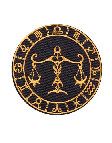 Uijokdef Uijokdef Aufnäher zum Aufbügeln, Sternbild, bestickt, Schwarz und Gold, 8 cm (Waage), 1 Stück von Uijokdef