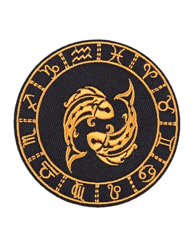 Uijokdef Uijokdef Aufnäher zum Aufbügeln, bestickt, Sternbild, Schwarz und Gold, 8 cm, Fische, 1 Stück Uijokdef Uijokdef Aufnäher zum Aufbügeln, bestickt, Sternbild, Schwarz und Gold, 8 cm, Fische, 1 Stück von Uijokdef