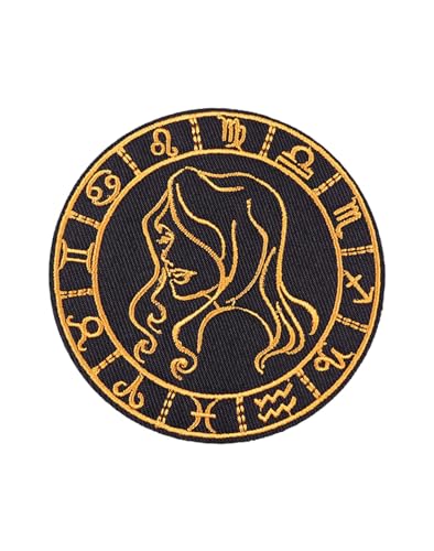 Uijokdef Uijokdef Bestickter Aufnäher zum Aufbügeln, Sternbild, Schwarz und Gold, 8 cm (Jungfrau) von Uijokdef