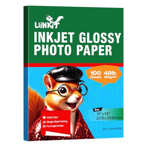 Uinkit Glänzendes Fotopapier, 180 g/m², 27,9 x 35,6 cm, 100 Blatt für Farbtinte, schnell trocknend, kein Verschmieren, einseitiges Profi-Finish, dick, 21,8 kg, kein Aufrollen Uinkit Glänzendes Fotopapier, 180 g/m², 27,9 x 35,6 cm, 100 Blatt für Farbtinte, schnell trocknend, kein Verschmieren, einseitiges Profi-Finish, dick, 21,8 kg, kein Aufrollen von Uinkit