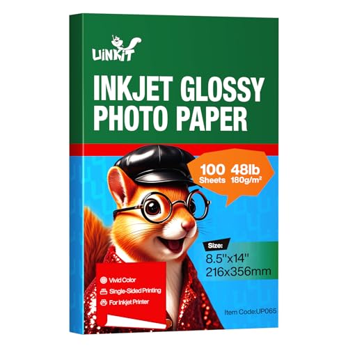 Uinkit Glänzendes Tintenstrahl-Fotopapier, 8,5 x 14 cm, legale Größe, 21,8 kg, 180 g/m², 100 Blatt, professionelle Fotoqualität, kompatibel mit Tintenstrahldruckern, Hochglanz-Finish für lebendige Uinkit Glänzendes Tintenstrahl-Fotopapier, 8,5 x 14 cm, legale Größe, 21,8 kg, 180 g/m², 100 Blatt, professionelle Fotoqualität, kompatibel mit Tintenstrahldruckern, Hochglanz-Finish für lebendige von Uinkit