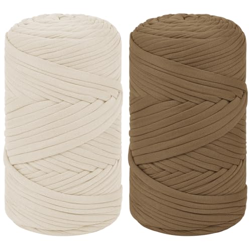 Uiopa 2 Stück T-Shirt Garn, 800g/300m Bändchengarn zum Häkeln, Dickes Ribbon Garn Chunky Polyester Häkelgarn für Häkeltaschen, Körbe, Home Decor, DIY Handwerk (Beige+Dunkelbraun) von Uiopa