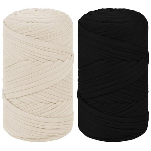 Uiopa 2 Stück T-Shirt Garn, 800g/300m Bändchengarn zum Häkeln, Dickes Ribbon Garn Chunky Polyester Häkelgarn für Häkeltaschen, Körbe, Home Decor, DIY Handwerk (Beige+Schwarz) von Uiopa