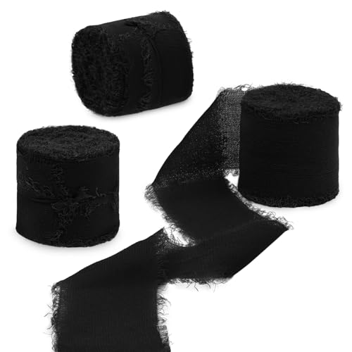 Uiopa 3 Rollen Chiffonband, Schleifenband Schwarz 4cm x 15m Geschenkband Hochzeit, Fransenband Dekoband Stoffband für Geschenk, Basteln, Brautstrauß, Tisch-Deko, DIY Handwerk von Uiopa