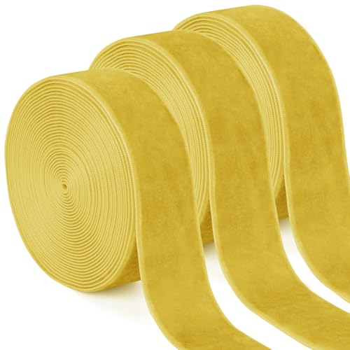 Uiopa 3 Rollen Samtband Gelb Geschenkband Breit 25mm x 4,5m Schleifenband Samt Dekoband Ribbon Stoffbänder für Geschenkverpackungen, Kränze, Blumensträuße, DIY-Projekte von Uiopa