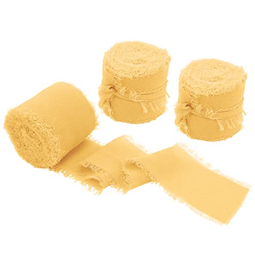 Uiopa 3 Rollen Schleifenband Breit 38mm Chiffonband Zitronengelb Geschenkband Hochzeit Dekoband Fransenband für Geschenkverpackung Brautsträuße Tisch-Deko DIY Handwerk von Uiopa