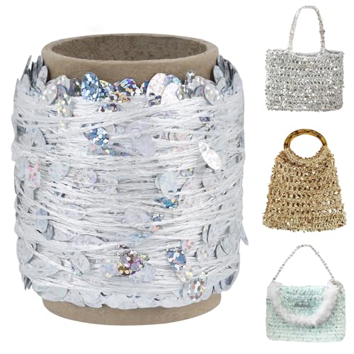 Uiopa 50g Paillettengarn, Glitzer Polyester Garn für Taschen, Taschengarn mit Pailletten Häkelgarn Beilaufgarn für Körbe, Handtasche, Heimdekoration, DIY Handwerk von Uiopa