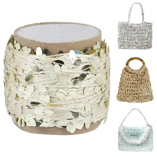Uiopa 50g Paillettengarn, Glitzer Polyester Garn für Taschen, Taschengarn mit Pailletten Häkelgarn Beilaufgarn für Körbe, Handtasche, Heimdekoration, DIY Handwerk von Uiopa