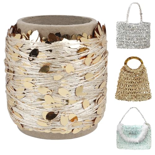 Uiopa 50g Paillettengarn, Glitzer Polyester Garn für Taschen, Taschengarn mit Pailletten Häkelgarn Beilaufgarn für Körbe, Handtasche, Heimdekoration, DIY Handwerk von Uiopa