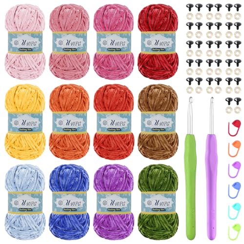 Uiopa Chenille Wolle zum Häkeln, 12 x 100g Chunky Chenille Garn Samt Dicke Flauschige Wolle, Plüschwolle Weiche Häkelwolle Fluffy Yarn für Amigurumi, Mützen, Schals, Decken, DIY Handwer von Uiopa