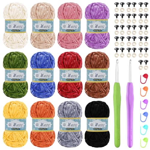 Uiopa Chenille Wolle zum Häkeln, 12 x 100g Chunky Chenille Garn Samt Dicke Flauschige Wolle, Plüschwolle Weiche Häkelwolle Fluffy Yarn für Amigurumi, Mützen, Schals, Decken, DIY Handwer Uiopa Chenille Wolle zum Häkeln, 12 x 100g Chunky Chenille Garn Samt Dicke Flauschige Wolle, Plüschwolle Weiche Häkelwolle Fluffy Yarn für Amigurumi, Mützen, Schals, Decken, DIY Handwer von Uiopa