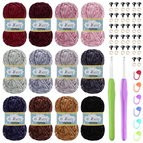 Uiopa Chenille Wolle zum Häkeln, 12 x 100g Chunky Chenille Garn Samt Dicke Flauschige Wolle, Plüschwolle Weiche Häkelwolle Fluffy Yarn für Amigurumi, Mützen, Schals, Decken, DIY Handwer von Uiopa