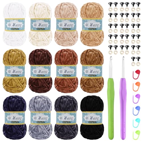 Uiopa Chenille Wolle zum Häkeln, 12 x 100g Chunky Chenille Garn Samt Dicke Flauschige Wolle, Plüschwolle Weiche Häkelwolle Fluffy Yarn für Amigurumi, Mützen, Schals, Decken, DIY Handwer von Uiopa
