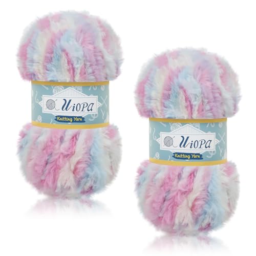 Uiopa Flauschige Fellwolle, 2 x 100g (2 x 60m) Fransengarn Weiche Flauschige Wolle zum Häkeln, Fransenwolle Fluffy Yarn Chunky Wolle für Schals Hüte Decken Taschen DIY Crafts (Bunt) von Uiopa