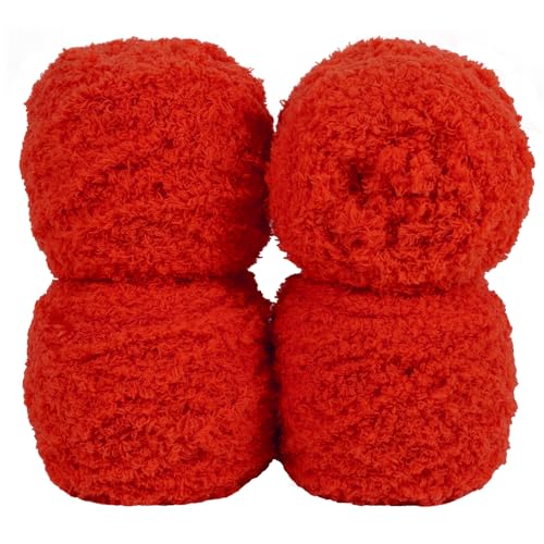 Uiopa Flauschige Wolle Garn Rot, 400g(4 x 100g, 4 x 80m) Plüschwolle zum Stricken 3 Stränge Fransengarn, Handstrickgarn Weiche Häkelwolle zum Decken Schals Mützen DIY-Projekte von Uiopa