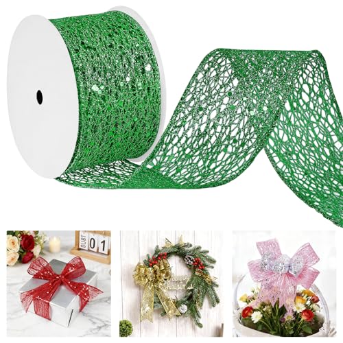 Uiopa Geschenkband Dunkelgrün Breit 63mm x 9m, Schleifenband Glitzer mit Draht, Glitzerband Dekoband Ribbon für Geschenkverpackung, Kränze, Heimdekoration, DIY Kunsthandwerk von Uiopa