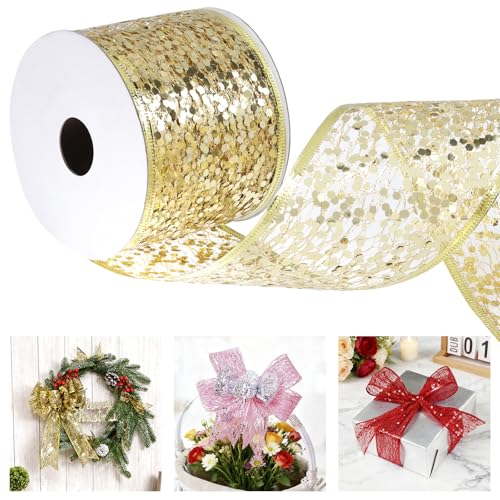 Uiopa Geschenkband Gold Breit 63mm x 9m, Schleifenband Glitzer mit Draht, Glitzerband Dekoband Ribbon für Geschenkverpackung, Kränze, Heimdekoration, DIY Kunsthandwerk von Uiopa