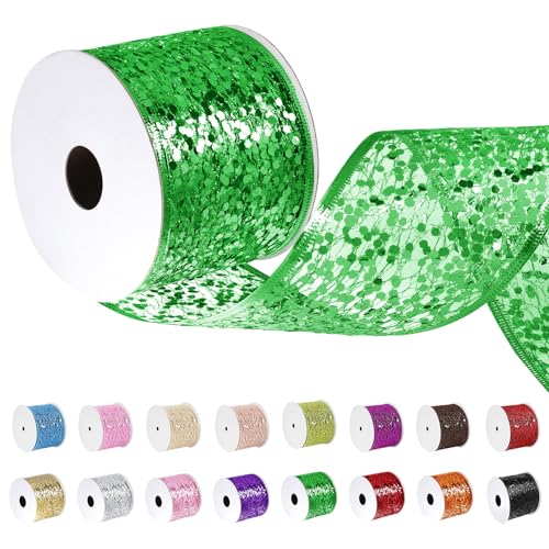 Uiopa Geschenkband Grün Breit 63mm x 9m, Schleifenband Glitzer mit Draht, Glitzerband Dekoband Ribbon für Geschenkverpackung, Kränze, Heimdekoration, DIY Kunsthandwerk von Uiopa