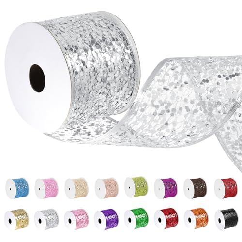 Uiopa Geschenkband Hellgrau Breit 63mm x 9m, Schleifenband Glitzer mit Draht, Glitzerband Dekoband Ribbon für Geschenkverpackung, Kränze, Heimdekoration, DIY Kunsthandwerk von Uiopa