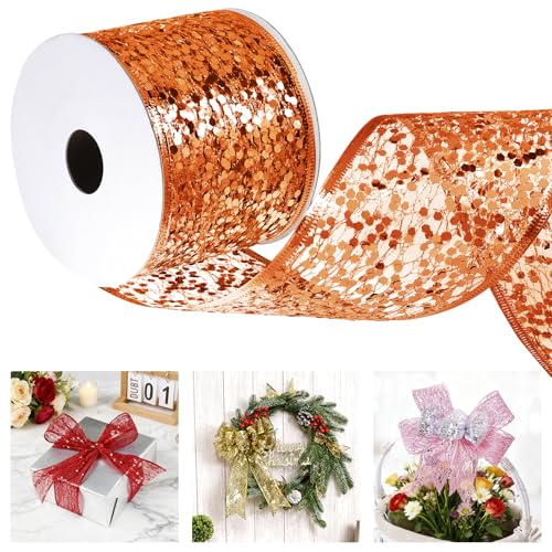 Uiopa Geschenkband Orange Breit 63mm x 9m, Schleifenband Glitzer mit Draht, Glitzerband Dekoband Ribbon für Geschenkverpackung, Kränze, Heimdekoration, DIY Kunsthandwerk von Uiopa