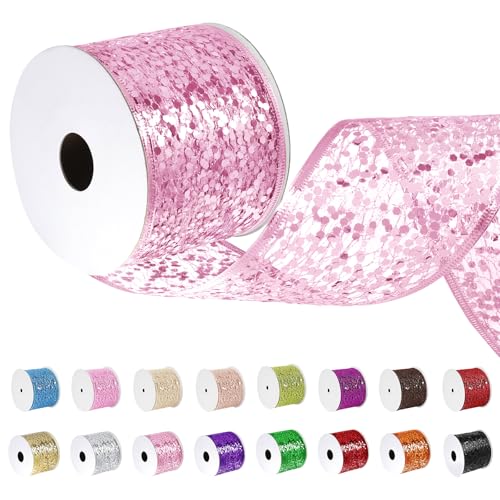 Uiopa Geschenkband Rosa Breit 63mm x 9m, Schleifenband Glitzer mit Draht, Glitzerband Dekoband Ribbon für Geschenkverpackung, Kränze, Heimdekoration, DIY Kunsthandwerk von Uiopa