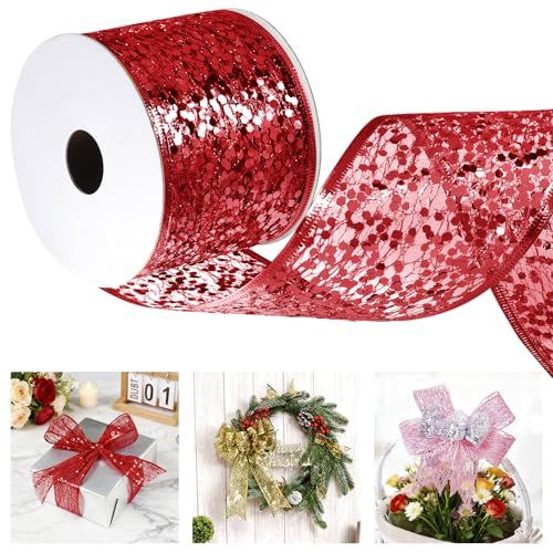Uiopa Geschenkband Rot Breit 63mm x 9m, Schleifenband Glitzer mit Draht, Glitzerband Dekoband Ribbon für Geschenkverpackung, Kränze, Heimdekoration, DIY Kunsthandwerk von Uiopa