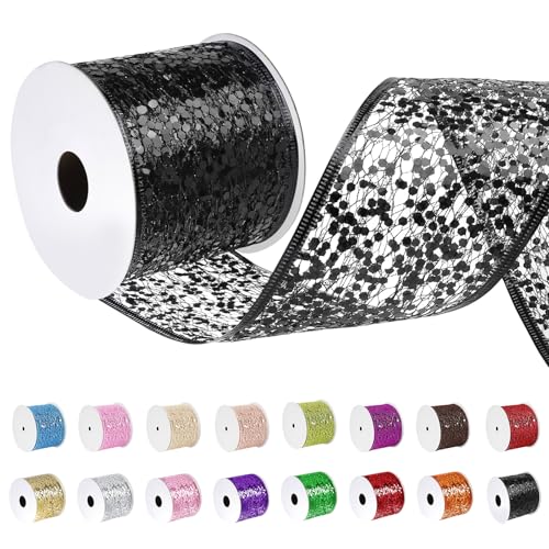 Uiopa Geschenkband Schwarz Breit 63mm x 9m, Schleifenband Glitzer mit Draht, Glitzerband Dekoband Ribbon für Geschenkverpackung, Kränze, Heimdekoration, DIY Kunsthandwerk von Uiopa