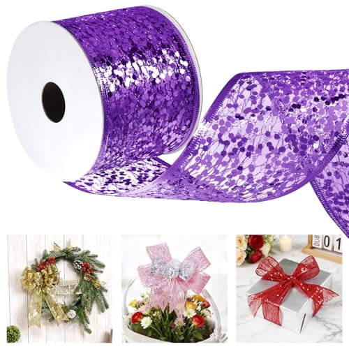 Uiopa Geschenkband Violett Breit 63mm x 9m, Schleifenband Glitzer mit Draht, Glitzerband Dekoband Ribbon für Geschenkverpackung, Kränze, Heimdekoration, DIY Kunsthandwerk von Uiopa