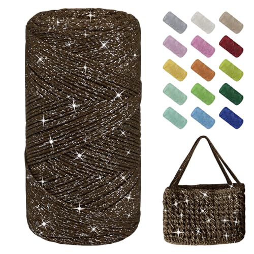 Uiopa Glitzer Häkelgarn für Taschen, Makramee Garn 1,5mm x 280m Baumwollgarn zum Häkeln und Stricken, Polyester Rope Garn für Taschen, Körbe, Dekoration, DIY-Projekte von Uiopa