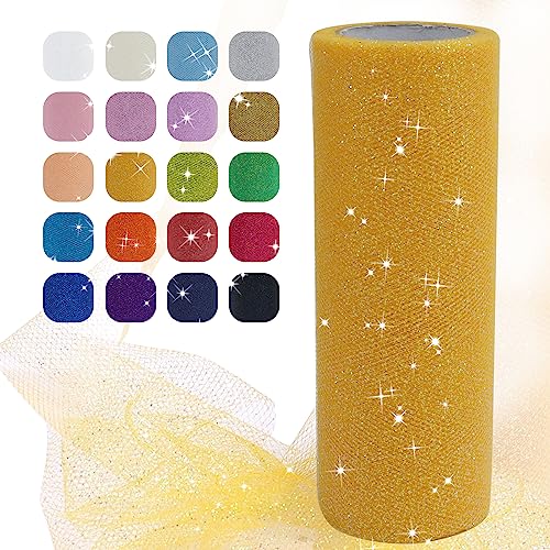 Uiopa Glitzer Tüll Gelb, 15cm x 22,8m Glitzerstoff Polyester Tüllband Hochzeit Dekostoff, Tüll Stoff Rolle für Tutu-Röcke Party Hochzeit Tisch Deko Geschenkverpackung DIY-Handwerk von Uiopa