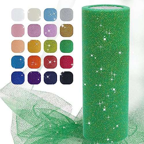 Uiopa Glitzer Tüll Gras-Grün, 15cm x 22,8m Glitzerstoff Polyester Tüllband Hochzeit Dekostoff, Tüll Stoff Rolle für Tutu-Röcke Party Hochzeit Tisch Deko Geschenkverpackung DIY-Handwerk von Uiopa