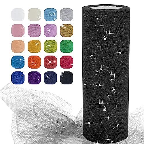 Uiopa Glitzer Tüll Schwarz, 15cm x 22,8m Glitzerstoff Polyester Tüllband Hochzeit Dekostoff, Tüll Stoff Rolle für Tutu-Röcke Party Hochzeit Tisch Deko Geschenkverpackung DIY-Handwerk von Uiopa