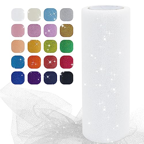 Uiopa Glitzer Tüll Weiss, 15cm x 22,8m Glitzerstoff Polyester Tüllband Hochzeit Dekostoff, Tüll Stoff Rolle für Tutu-Röcke Party Hochzeit Tisch Deko Geschenkverpackung DIY-Handwerk von Uiopa