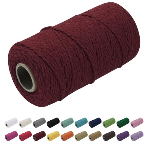 Uiopa Makramee Garn 1.5mm x 100m, Baumwollkordel Farbig Baumwollgarn Geflochten Baumwollseil, Natürliche Baumwollschnur für Wandbehang, Vorhang, Traumfänger, Hängepflanze, Deko (Weinrot) von Uiopa