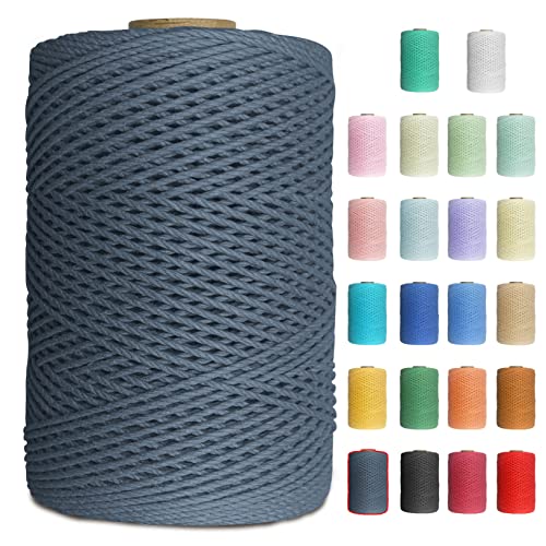 Uiopa Makramee Garn 1mm x 200m Baumwollgarn Baumwollkordel Macrame Cord 3 Stränge Farbig für Wandbehang, Weben, Häkeln, Textilgarn, Macrame Basteln (Dunkelgrau) von Uiopa