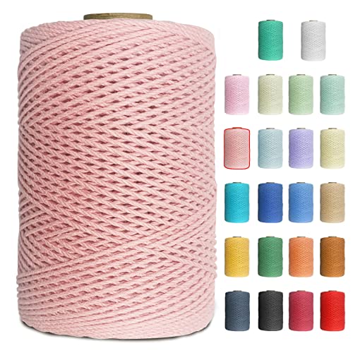 Uiopa Makramee Garn 1mm x 200m Baumwollgarn Baumwollkordel Macrame Cord 3 Stränge Farbig für Wandbehang, Weben, Häkeln, Textilgarn, Macrame Basteln (Fleischrosa) von Uiopa