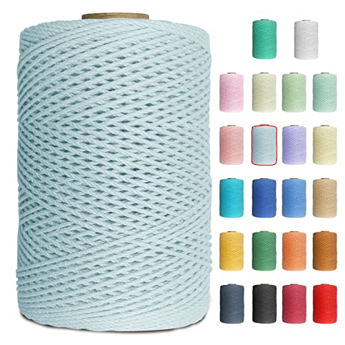 Uiopa Makramee Garn 1mm x 200m Baumwollgarn Baumwollkordel Macrame Cord 3 Stränge Farbig für Wandbehang, Weben, Häkeln, Textilgarn, Macrame Basteln (Hellblau) von Uiopa