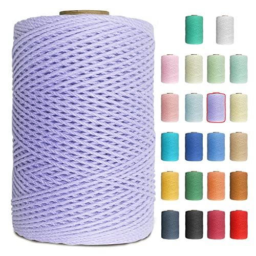 Uiopa Makramee Garn 1mm x 200m Baumwollgarn Baumwollkordel Macrame Cord 3 Stränge Farbig für Wandbehang, Weben, Häkeln, Textilgarn, Macrame Basteln (Helles Lila) von Uiopa