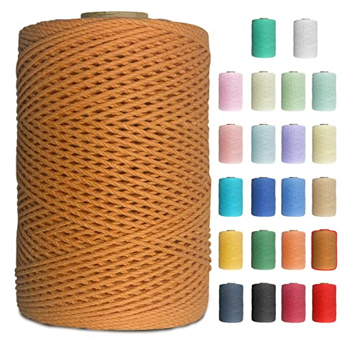 Uiopa Makramee Garn 1mm x 200m Baumwollgarn Baumwollkordel Macrame Cord 3 Stränge Farbig für Wandbehang, Weben, Häkeln, Textilgarn, Macrame Basteln (Karamell) von Uiopa