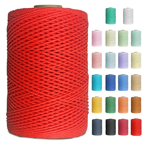 Uiopa Makramee Garn 1mm x 200m Baumwollgarn Baumwollkordel Macrame Cord 3 Stränge Farbig für Wandbehang, Weben, Häkeln, Textilgarn, Macrame Basteln (Rot) von Uiopa