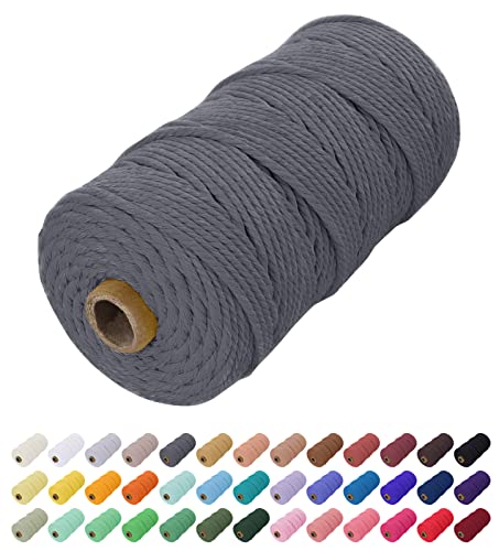 Uiopa Makramee Garn 2mm x 200m, Baumwollkordel Farbig Baumwollgarn Geflochten Baumwollseil, Natürliche Baumwollschnur für Wandbehang, Vorhang, Traumfänger, Hängepflanze, Deko (Grau) von Uiopa