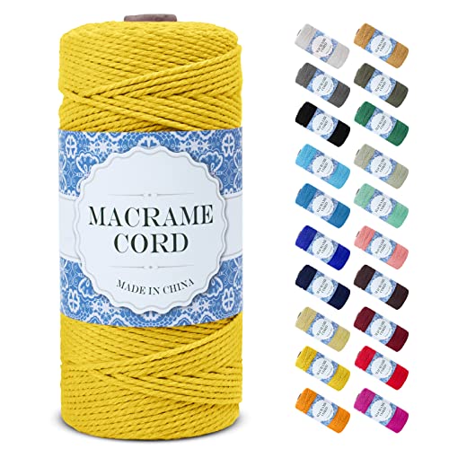 Uiopa Makramee Garn 2mm x 200m, Natürliche Baumwollgarn Baumwollkordel Farbig Baumwollschnur, Makramee-Garn Geflochten für DIY Basteln, Hängepflanze, Wandbehang, Weben Dekoration (Gelb) von Uiopa