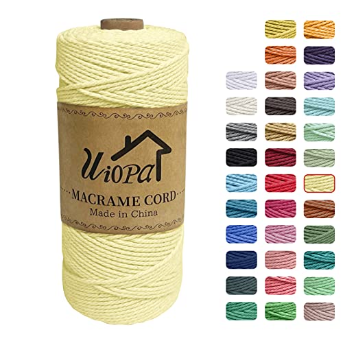 Uiopa Makramee Garn 2mm x 200m, Natürliche Makramee Schnur 3 Stränge Baumwollgarn, Makramee Garn 2mm Farbig für DIY Handwerk Gestrickte Wandbehang Boho Deko (Hellgelb) von Uiopa