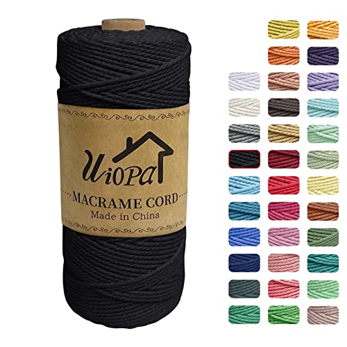 Uiopa Makramee Garn 2mm x 200m, Natürliche Makramee Schnur 3 Stränge Baumwollgarn, Makramee Garn 2mm Farbig für DIY Handwerk Gestrickte Wandbehang Boho Deko (Schwarz) von Uiopa
